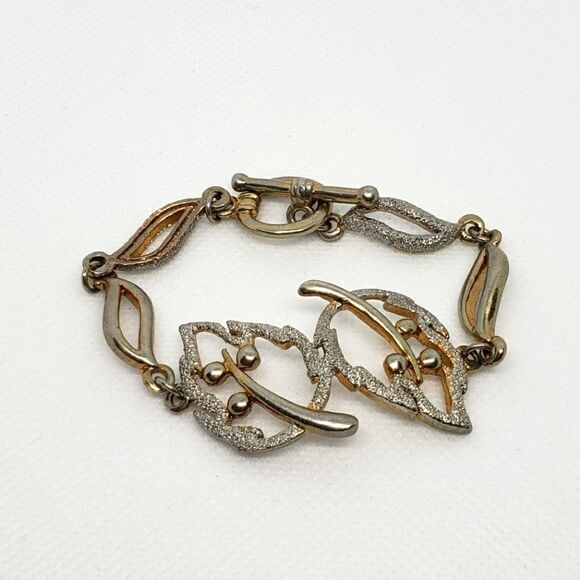 Vintage Leaf Style Gold Silver Tone Link Bracelet - Picture 1 of 5